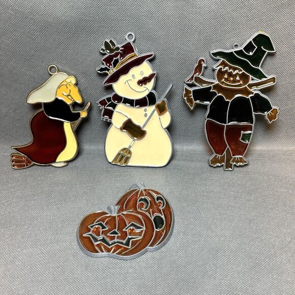 Lot 4 Suncatchers Vintage Halloween/Christmas Metal Stained Glass Retro - Picture 1 of 10